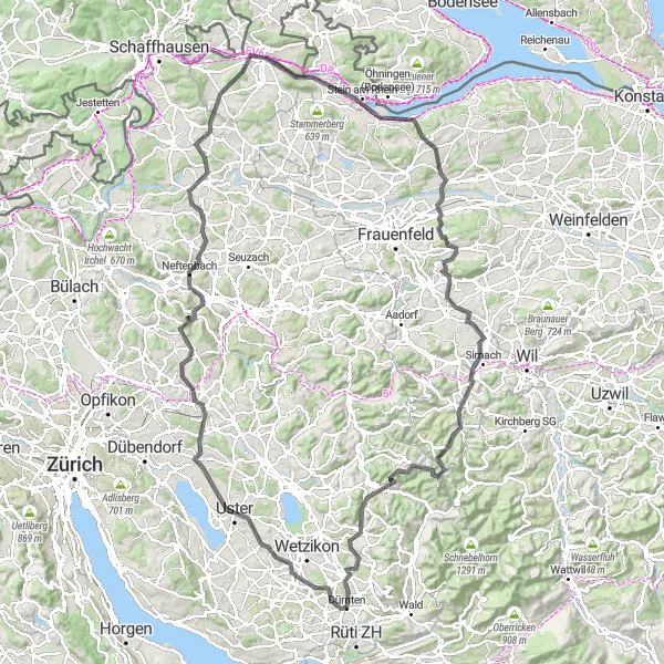 Miniatura della mappa di ispirazione al ciclismo "Avventura su strada tra Uster e Stein am Rhein" nella regione di Zürich, Switzerland. Generata da Tarmacs.app, pianificatore di rotte ciclistiche