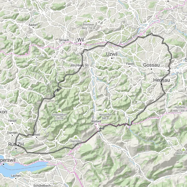 Miniatura della mappa di ispirazione al ciclismo "Emozionante avventura su strada tra Bachtelhörnli e Rüti ZH" nella regione di Zürich, Switzerland. Generata da Tarmacs.app, pianificatore di rotte ciclistiche