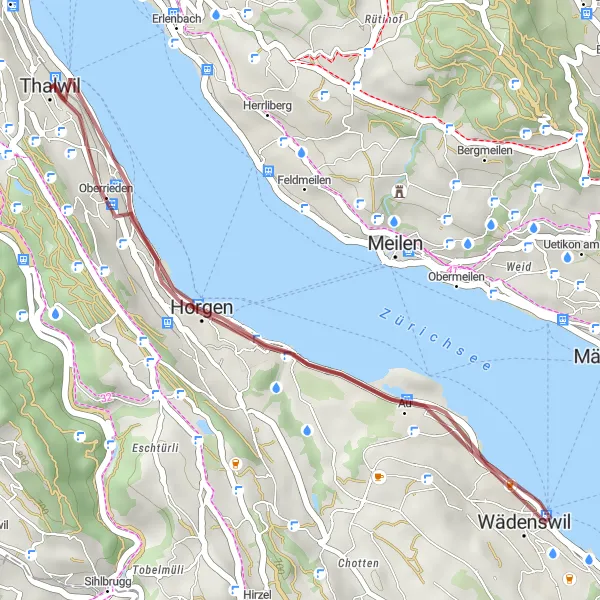 Miniaturní mapa "Gravelová cyklostezka kolem Thalwilu" inspirace pro cyklisty v oblasti Zürich, Switzerland. Vytvořeno pomocí plánovače tras Tarmacs.app