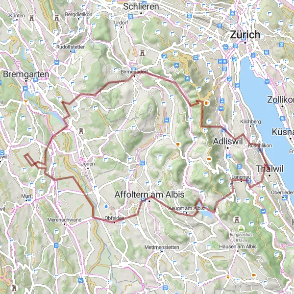 Mapa miniatúra "Cyklistická trasa Langnau-Rothirsch-Aeugsterberg-Aeugst am Albis-Rottenschwil-Whiskypass-Entlisberg-Thalwil" cyklistická inšpirácia v Zürich, Switzerland. Vygenerované cyklistickým plánovačom trás Tarmacs.app