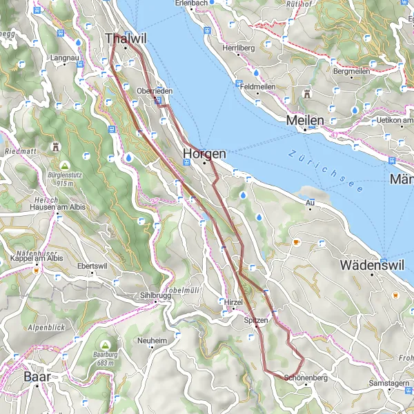 Miniatua del mapa de inspiración ciclista "Ruta de Grava por Thalwil y Oberrieden" en Zürich, Switzerland. Generado por Tarmacs.app planificador de rutas ciclistas