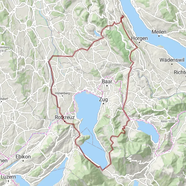 Kartminiatyr av "Utforska Zugerland" cykelinspiration i Zürich, Switzerland. Genererad av Tarmacs.app cykelruttplanerare