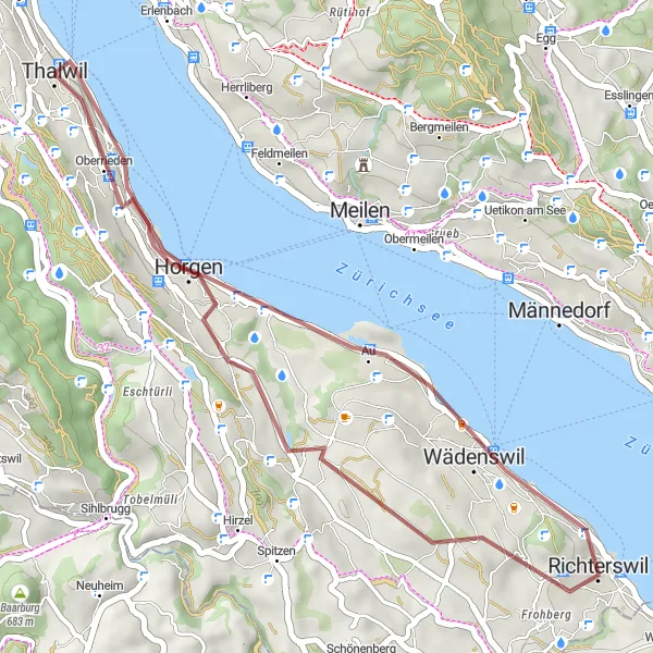 Kartminiatyr av "Naturskjønn Gruskjør gjennom Thalwil" sykkelinspirasjon i Zürich, Switzerland. Generert av Tarmacs.app sykkelrutoplanlegger