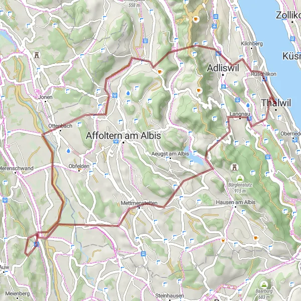 Mapa miniatúra "Gravel výlet do prírody" cyklistická inšpirácia v Zürich, Switzerland. Vygenerované cyklistickým plánovačom trás Tarmacs.app