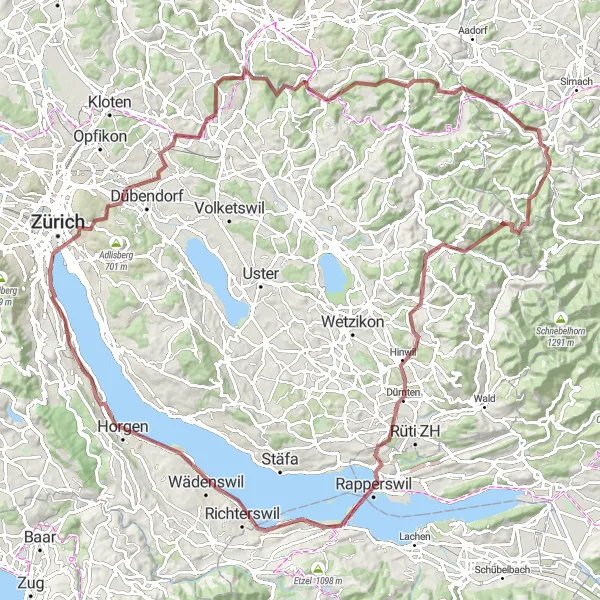 Mapa miniatúra "Výlet okolo Zürichu a okolitých kopcov" cyklistická inšpirácia v Zürich, Switzerland. Vygenerované cyklistickým plánovačom trás Tarmacs.app