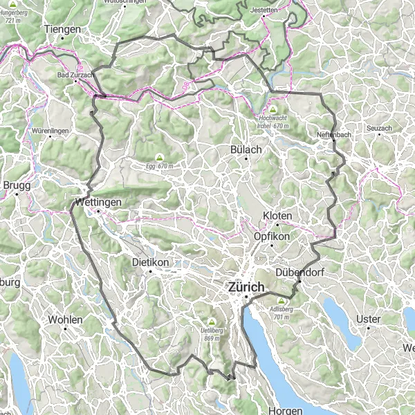 Miniatua del mapa de inspiración ciclista "Ascenso desafiante a través de la región de Zúrich" en Zürich, Switzerland. Generado por Tarmacs.app planificador de rutas ciclistas