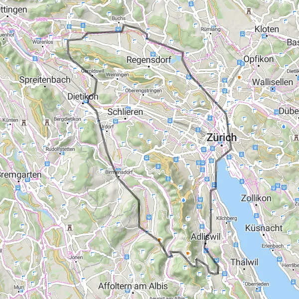 Map miniature of "Thalwil - Rothirsch - Bonstetten - Dietikon - Hasleren - Dänikon - Zurich - Lindenhof - Entlisberg - Adliswil" cycling inspiration in Zürich, Switzerland. Generated by Tarmacs.app cycling route planner