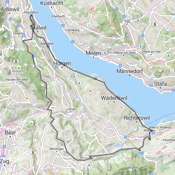 Miniatua del mapa de inspiración ciclista "Ruta Escénica por Horgen y Wädenswil" en Zürich, Switzerland. Generado por Tarmacs.app planificador de rutas ciclistas