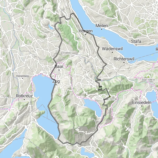 Map miniature of "Thalwil - Oberrieden - Villa Seerose - Schönenberg - Raten - Morgartenberg - Arth - Zug - Guggi - Rothirsch - Thalwil" cycling inspiration in Zürich, Switzerland. Generated by Tarmacs.app cycling route planner