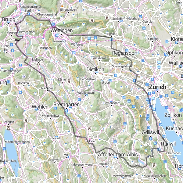 Miniatua del mapa de inspiración ciclista "Ruta de carretera desde Affoltern am Albis hasta Kilchberg" en Zürich, Switzerland. Generado por Tarmacs.app planificador de rutas ciclistas
