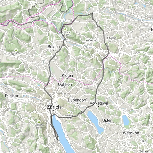 Miniatua del mapa de inspiración ciclista "Ruta de carretera a través de Zúrich y Winterthur" en Zürich, Switzerland. Generado por Tarmacs.app planificador de rutas ciclistas