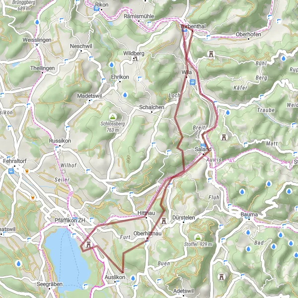 Karttaminiaatyyri "Maalaisteiden ja metsäpolkujen seikkailu" pyöräilyinspiraatiosta alueella Zürich, Switzerland. Luotu Tarmacs.app pyöräilyreittisuunnittelijalla