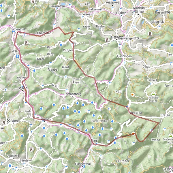 Miniatua del mapa de inspiración ciclista "Aventura en Grava a Bauma" en Zürich, Switzerland. Generado por Tarmacs.app planificador de rutas ciclistas