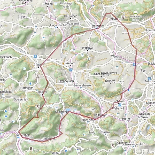 Map miniature of "Scenic Gravel Loop to Elgg and Eschlikon" cycling inspiration in Zürich, Switzerland. Generated by Tarmacs.app cycling route planner
