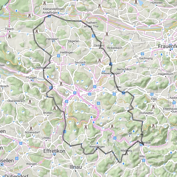 Miniatura della mappa di ispirazione al ciclismo "Tour tra natura e cultura" nella regione di Zürich, Switzerland. Generata da Tarmacs.app, pianificatore di rotte ciclistiche