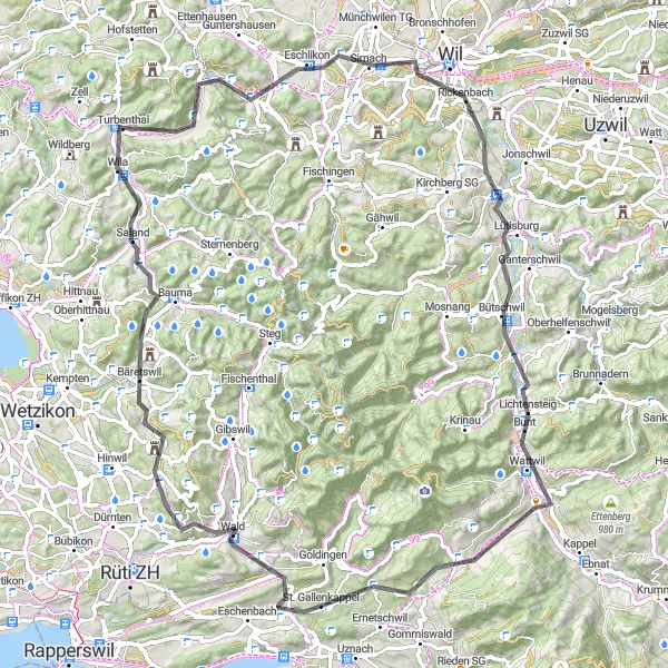 Map miniature of "Sirnach and Jubla Turm Sirnach Route" cycling inspiration in Zürich, Switzerland. Generated by Tarmacs.app cycling route planner