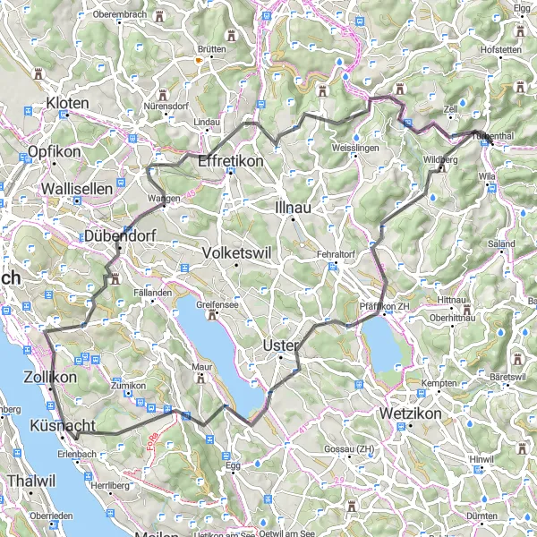 Kartminiatyr av "Vägcykling vid Pfäffikersee och Kyburg" cykelinspiration i Zürich, Switzerland. Genererad av Tarmacs.app cykelruttplanerare
