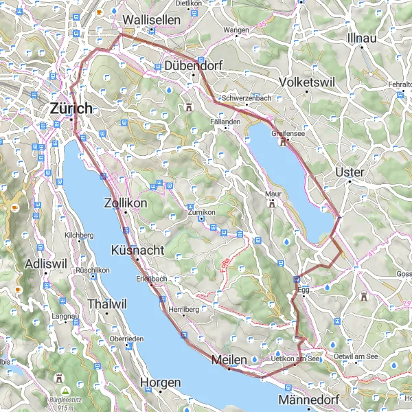 Zemljevid v pomanjšavi "Gravel kolesarska tura z Uetikona" kolesarske inspiracije v Zürich, Switzerland. Generirano z načrtovalcem kolesarskih poti Tarmacs.app