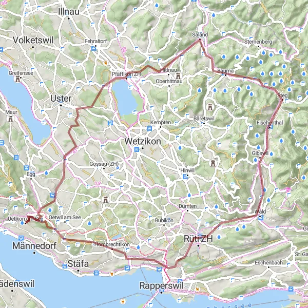 Zemljevid v pomanjšavi "Raznolika gravel pot z Uetikona" kolesarske inspiracije v Zürich, Switzerland. Generirano z načrtovalcem kolesarskih poti Tarmacs.app