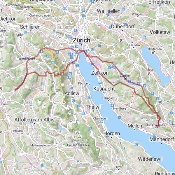 Zemljevid v pomanjšavi "Gravel avantura iz Uetikona" kolesarske inspiracije v Zürich, Switzerland. Generirano z načrtovalcem kolesarskih poti Tarmacs.app