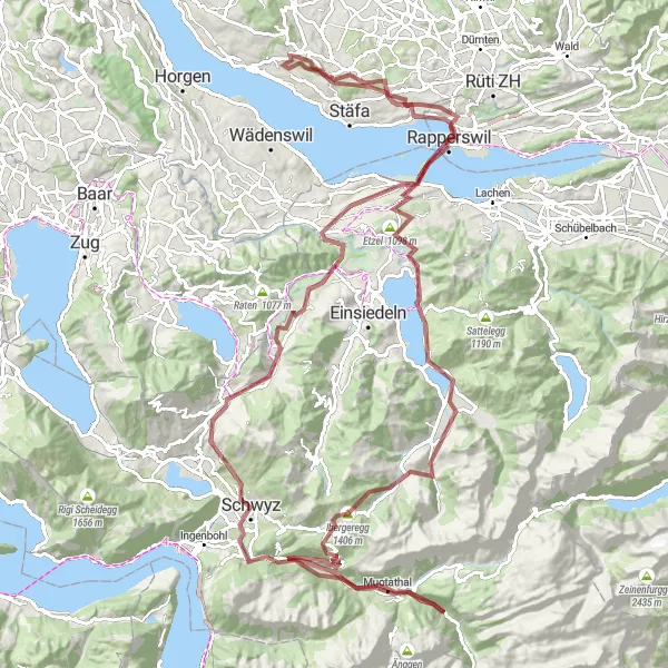 Miniatura della mappa di ispirazione al ciclismo "Giro in Gravel Lungo il Lago di Zurigo" nella regione di Zürich, Switzerland. Generata da Tarmacs.app, pianificatore di rotte ciclistiche