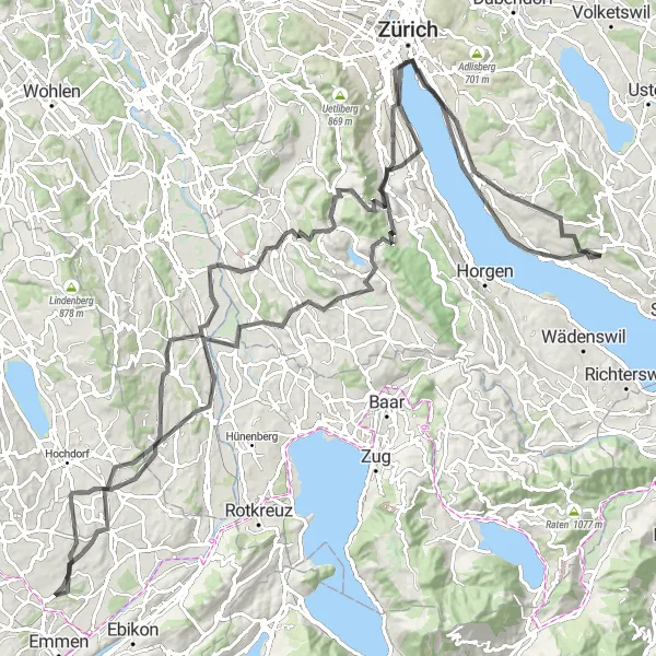 Zemljevid v pomanjšavi "Velika kolesarska pustolovščina po Zürichu in okolici" kolesarske inspiracije v Zürich, Switzerland. Generirano z načrtovalcem kolesarskih poti Tarmacs.app