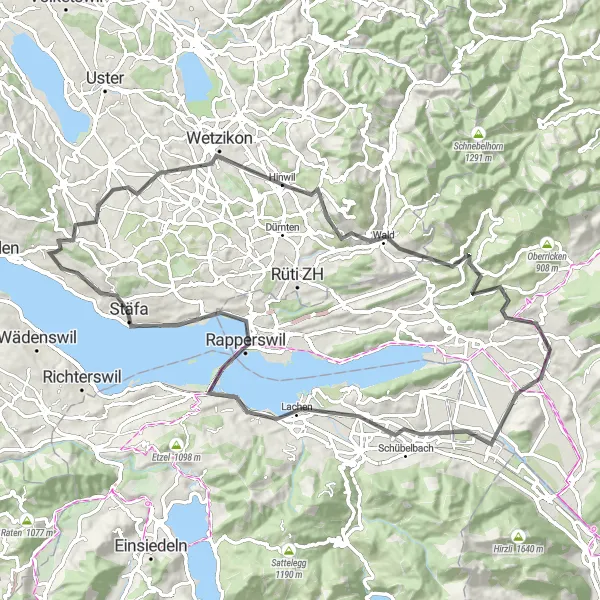 Miniatura della mappa di ispirazione al ciclismo "Percorso di 82 km attraverso colline e boschi" nella regione di Zürich, Switzerland. Generata da Tarmacs.app, pianificatore di rotte ciclistiche