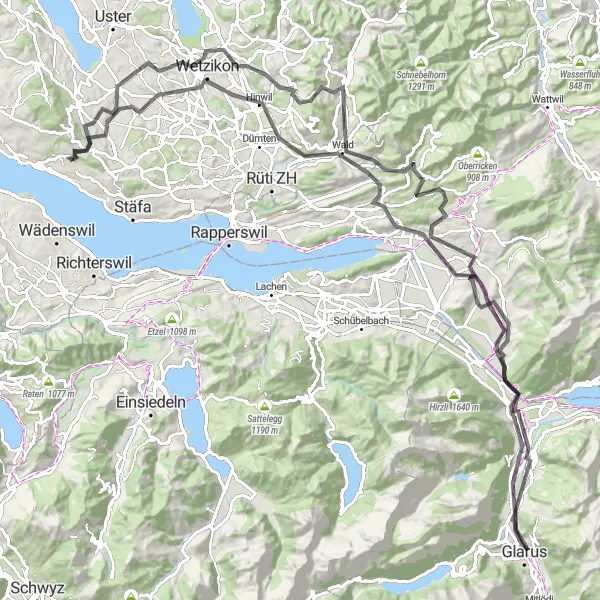 Miniatura della mappa di ispirazione al ciclismo "Giro impegnativo di 132 km con panorami mozzafiato" nella regione di Zürich, Switzerland. Generata da Tarmacs.app, pianificatore di rotte ciclistiche