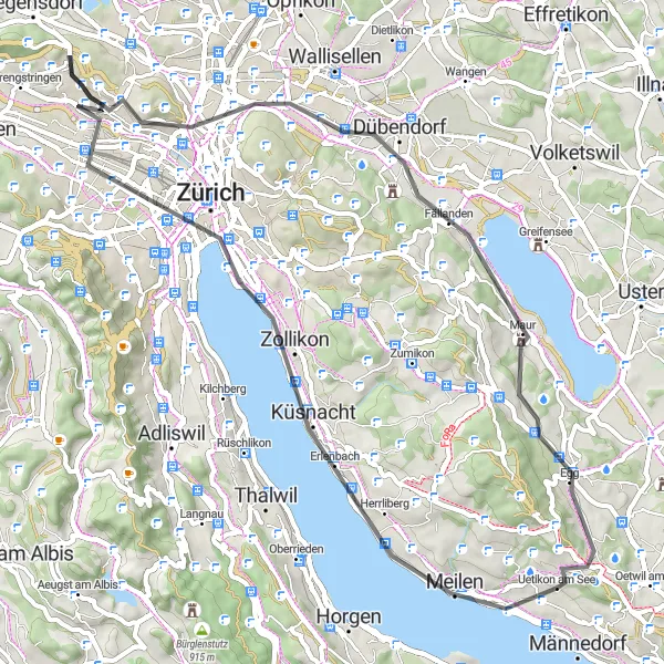 Mapa miniatúra "Pestrá cesta cez Zollikon a Maur" cyklistická inšpirácia v Zürich, Switzerland. Vygenerované cyklistickým plánovačom trás Tarmacs.app