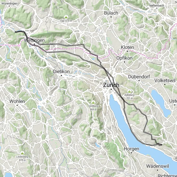 Miniatura della mappa di ispirazione al ciclismo "Circuito Stradale tra Zurich e Baden" nella regione di Zürich, Switzerland. Generata da Tarmacs.app, pianificatore di rotte ciclistiche