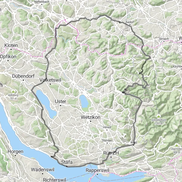Mapa miniatúra "Výlet z Uetikon: Okruh okolo Zürichu" cyklistická inšpirácia v Zürich, Switzerland. Vygenerované cyklistickým plánovačom trás Tarmacs.app