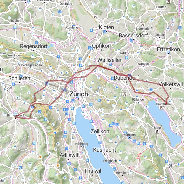 Kartminiatyr av "Naturskjønn sykkeltur gjennom Wallisellen og Aussersihl" sykkelinspirasjon i Zürich, Switzerland. Generert av Tarmacs.app sykkelrutoplanlegger