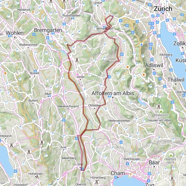 Miniatura della mappa di ispirazione al ciclismo "Percorso in graviglia attraverso Unterlunkhofen" nella regione di Zürich, Switzerland. Generata da Tarmacs.app, pianificatore di rotte ciclistiche