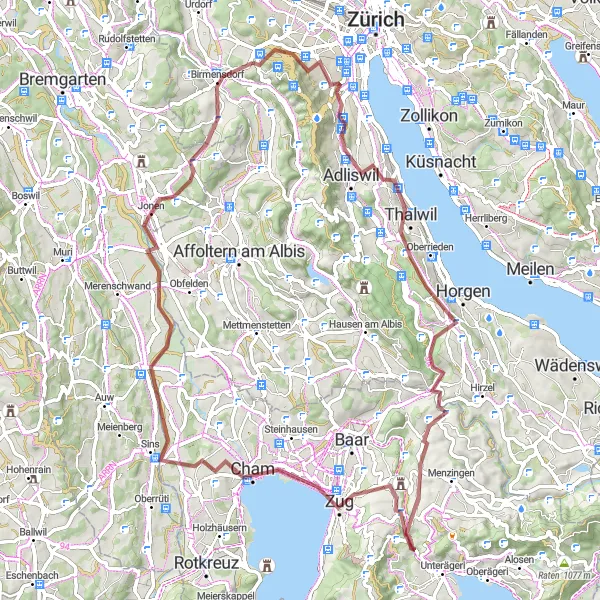 Miniatua del mapa de inspiración ciclista "Ruta de Grava a Neuheim y Jonen" en Zürich, Switzerland. Generado por Tarmacs.app planificador de rutas ciclistas