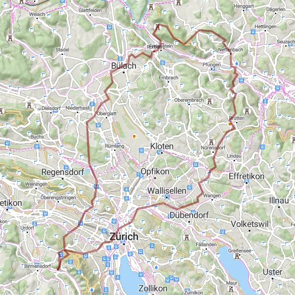 Mapa miniatúra "Gravel Trasa cez Höngg, Freienstein a Rigiblick" cyklistická inšpirácia v Zürich, Switzerland. Vygenerované cyklistickým plánovačom trás Tarmacs.app