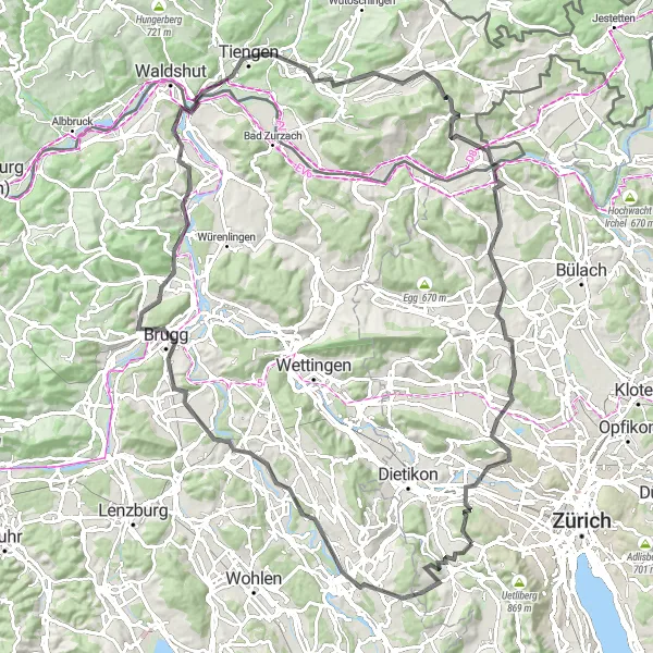 Map miniature of "A Road Cyclist's Paradise in the Zürich Countryside" cycling inspiration in Zürich, Switzerland. Generated by Tarmacs.app cycling route planner