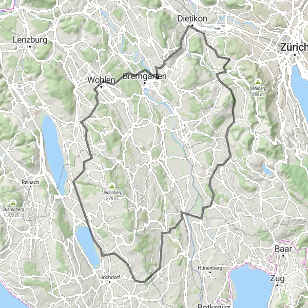 Zemljevid v pomanjšavi "Mutschellenpass Challenge" kolesarske inspiracije v Zürich, Switzerland. Generirano z načrtovalcem kolesarskih poti Tarmacs.app