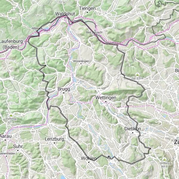 Miniatua del mapa de inspiración ciclista "Ruta Road desde Uitikon a Bad Zurzach" en Zürich, Switzerland. Generado por Tarmacs.app planificador de rutas ciclistas