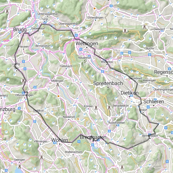 Miniatuurkaart van de fietsinspiratie "Tocht langs Historische Plekken van Uitikon naar Kalkofen" in Zürich, Switzerland. Gemaakt door de Tarmacs.app fietsrouteplanner