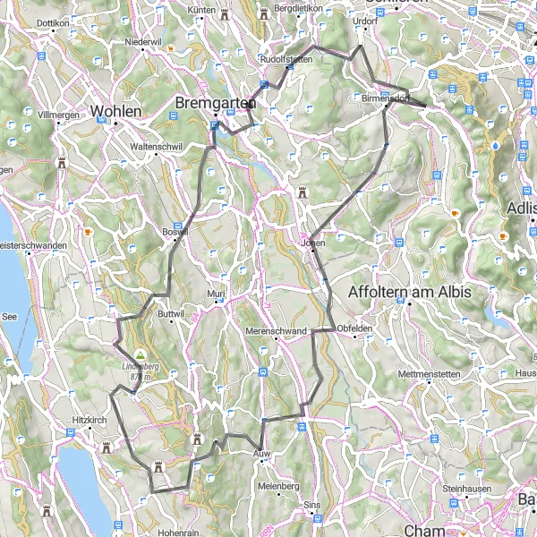 Mapa miniatúra "Road Cycling Tour to Bremgarten" cyklistická inšpirácia v Zürich, Switzerland. Vygenerované cyklistickým plánovačom trás Tarmacs.app