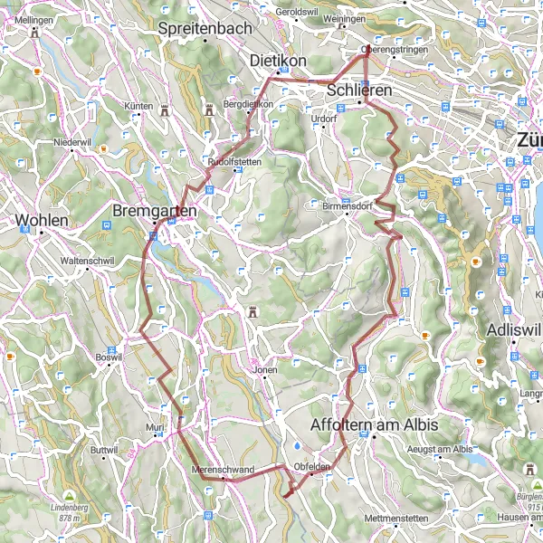 Miniaturní mapa "Gravel Po stopách historie" inspirace pro cyklisty v oblasti Zürich, Switzerland. Vytvořeno pomocí plánovače tras Tarmacs.app