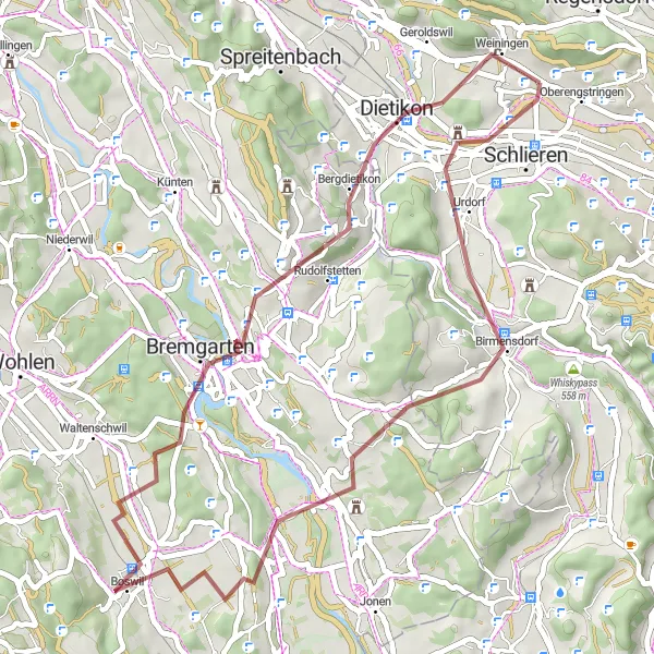 Kartminiatyr av "Eventyrlig grusveistyktur til Dietikon" sykkelinspirasjon i Zürich, Switzerland. Generert av Tarmacs.app sykkelrutoplanlegger