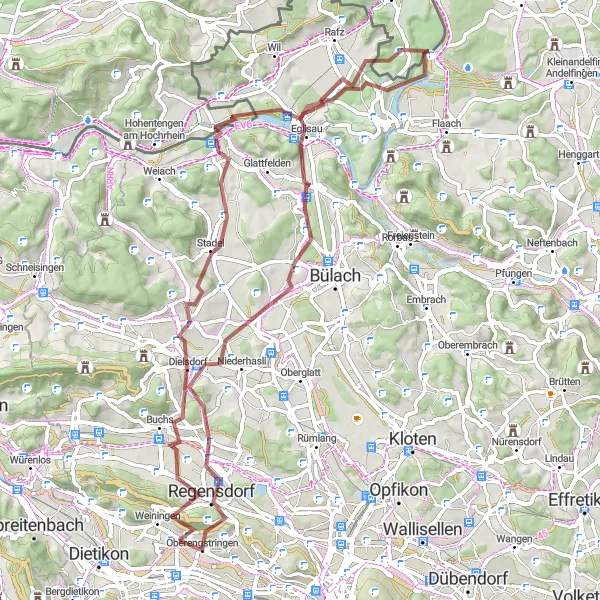 Miniatua del mapa de inspiración ciclista "Camino a través de Regensdorf y Eglisau" en Zürich, Switzerland. Generado por Tarmacs.app planificador de rutas ciclistas