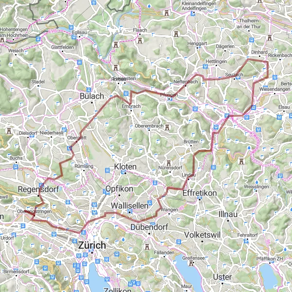 Miniatura della mappa di ispirazione al ciclismo "Esplorazione Gravel nei dintorni di Zürich" nella regione di Zürich, Switzerland. Generata da Tarmacs.app, pianificatore di rotte ciclistiche