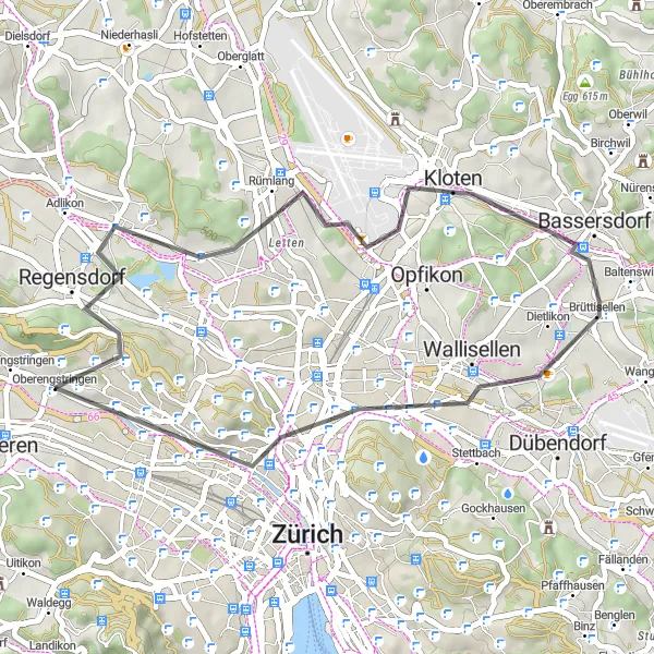 Miniaturní mapa "Road Po kopcích a údolích" inspirace pro cyklisty v oblasti Zürich, Switzerland. Vytvořeno pomocí plánovače tras Tarmacs.app