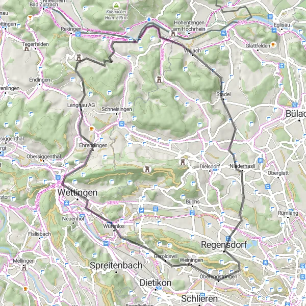 Mapa miniatúra "Cestná Trasa Skrz Skrz" cyklistická inšpirácia v Zürich, Switzerland. Vygenerované cyklistickým plánovačom trás Tarmacs.app