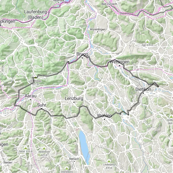 Miniature de la carte de l'inspiration cycliste "La Route des Vallées Zurichoises" dans la Zürich, Switzerland. Générée par le planificateur d'itinéraire cycliste Tarmacs.app