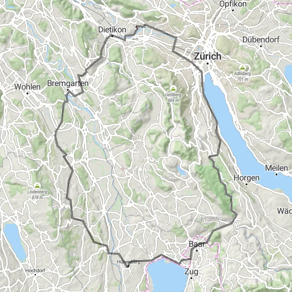 Karttaminiaatyyri "Lake Views and Valleys" pyöräilyinspiraatiosta alueella Zürich, Switzerland. Luotu Tarmacs.app pyöräilyreittisuunnittelijalla
