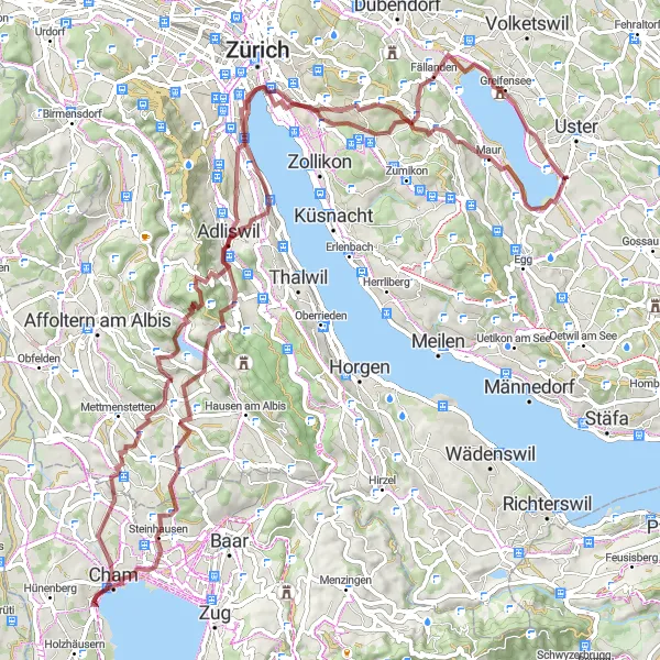 Miniatua del mapa de inspiración ciclista "Ruta de ciclismo de grava desde Nieder-Uster" en Zürich, Switzerland. Generado por Tarmacs.app planificador de rutas ciclistas