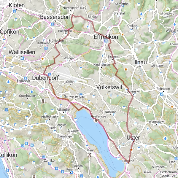 Miniatua del mapa de inspiración ciclista "Ruta de ciclismo de grava por Schloss Greifensee y Effretikon" en Zürich, Switzerland. Generado por Tarmacs.app planificador de rutas ciclistas
